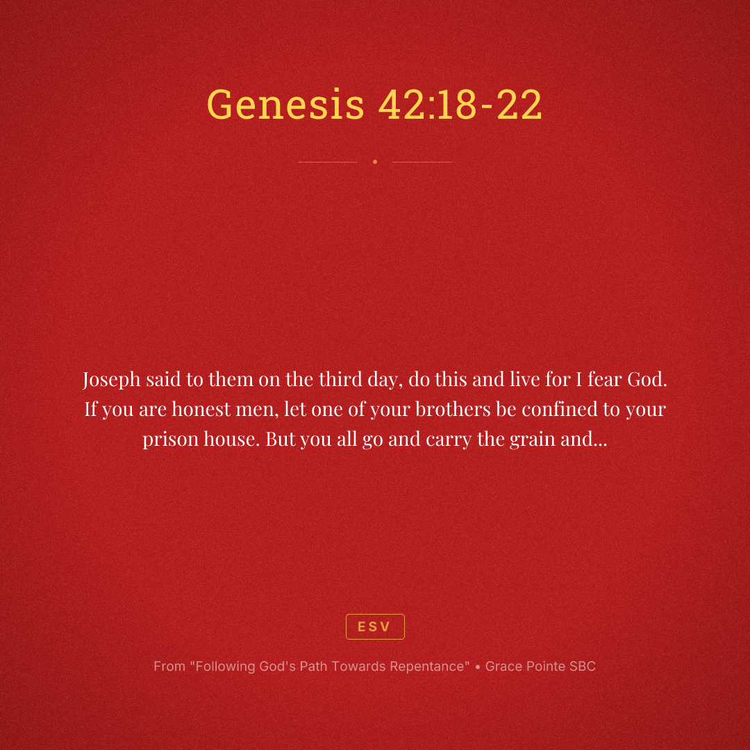Joseph said to them on the third day, do this and live for I fear God. If you are honest men, let one of your brothers be confined to your prison house. But you all go and carry the grain and famine of your house and bring your younger brother to me so that your words will be verified and you shall not die. And they did so. Then they said to one another, we are truly guilty concerning our brother. We saw the anguish of his soul when he pleaded with us and we would not hear. Therefore, this distress has come upon us. And Reuben answered and said to them, did I not speak to you saying, do not sin against the boy and you would not listen? Therefore, behold, his blood is now required upon us.