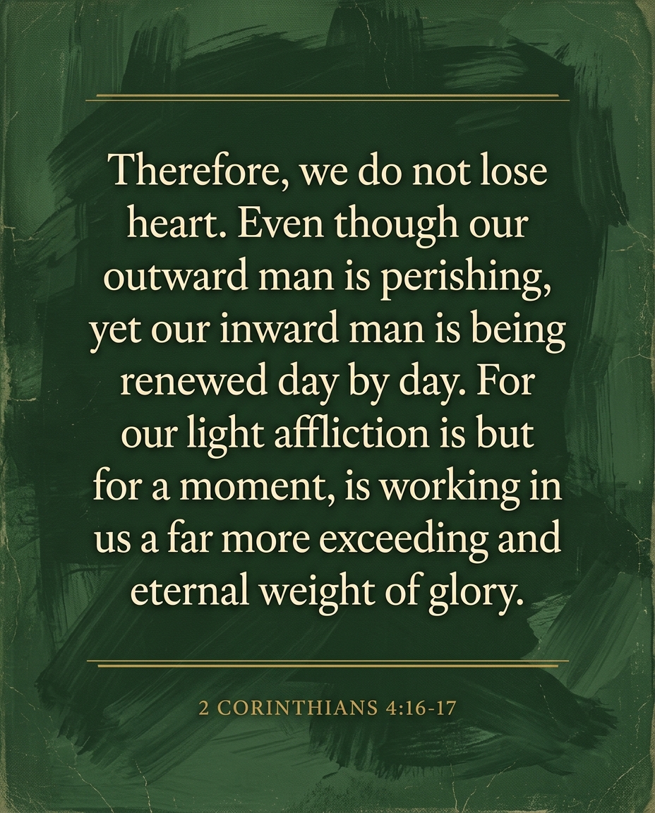 Therefore, we do not lose heart. Even though our outward man is perishing, yet our inward man is being renewed day by day. For our light affliction is but for a moment, is working in us a far more exceeding and eternal weight of glory.
