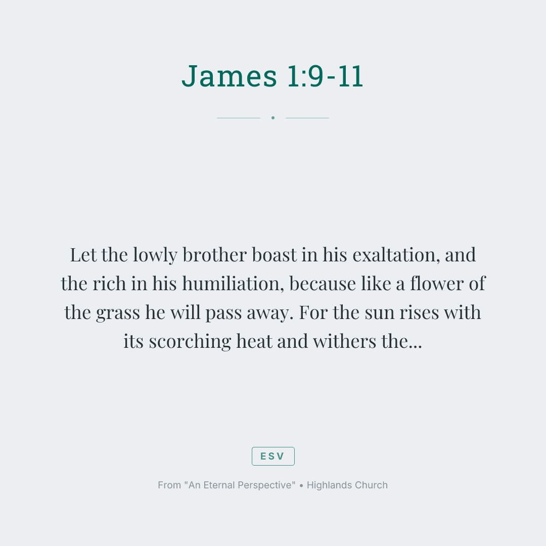 Let the lowly brother boast in his exaltation, and the rich in his humiliation, because like a flower of the grass he will pass away. For the sun rises with its scorching heat and withers the grass; its flower falls, and its beauty perishes. So also will the rich man fade away in the midst of his pursuits.